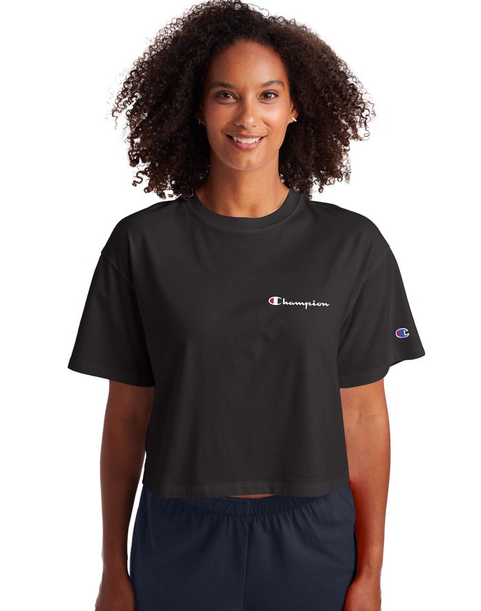 Champion Womens T-Shirt NZ - Cropped Script Logo Black ( 1870-AUHZY )